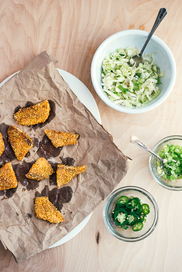 cornmeal-crusted fish tacos with lime crema // brooklyn supper