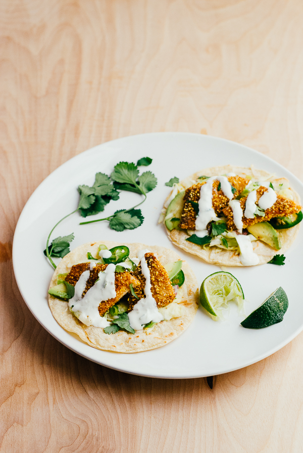cornmeal-crusted fish tacos with lime crema // brooklyn supper