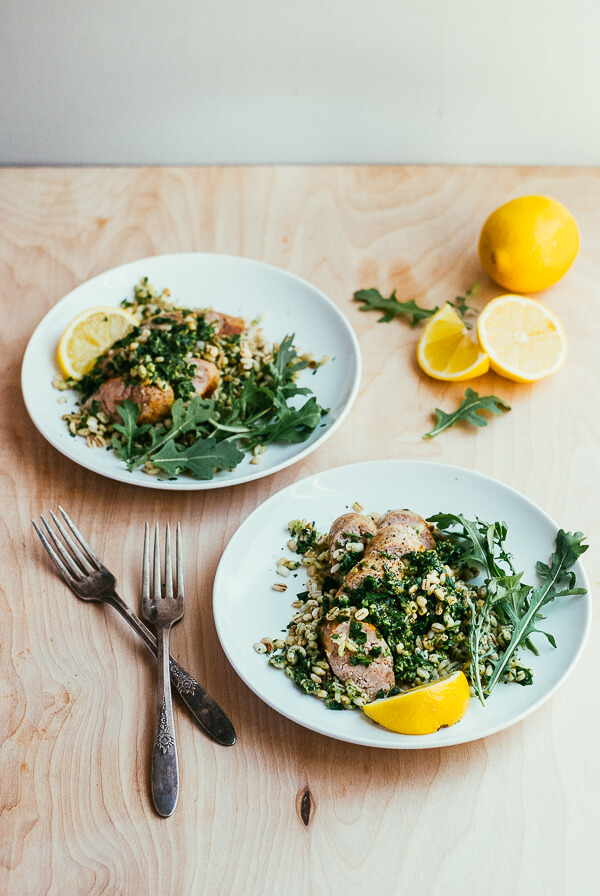 toasted barley with arugula pesto and sausage coins // brooklyn supper