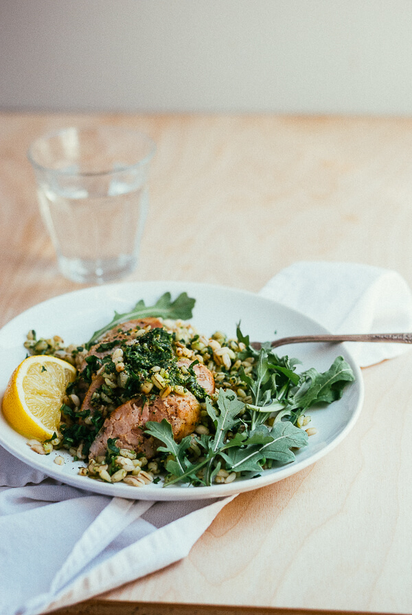 toasted barley with arugula pesto and sausage coins // brooklyn supper