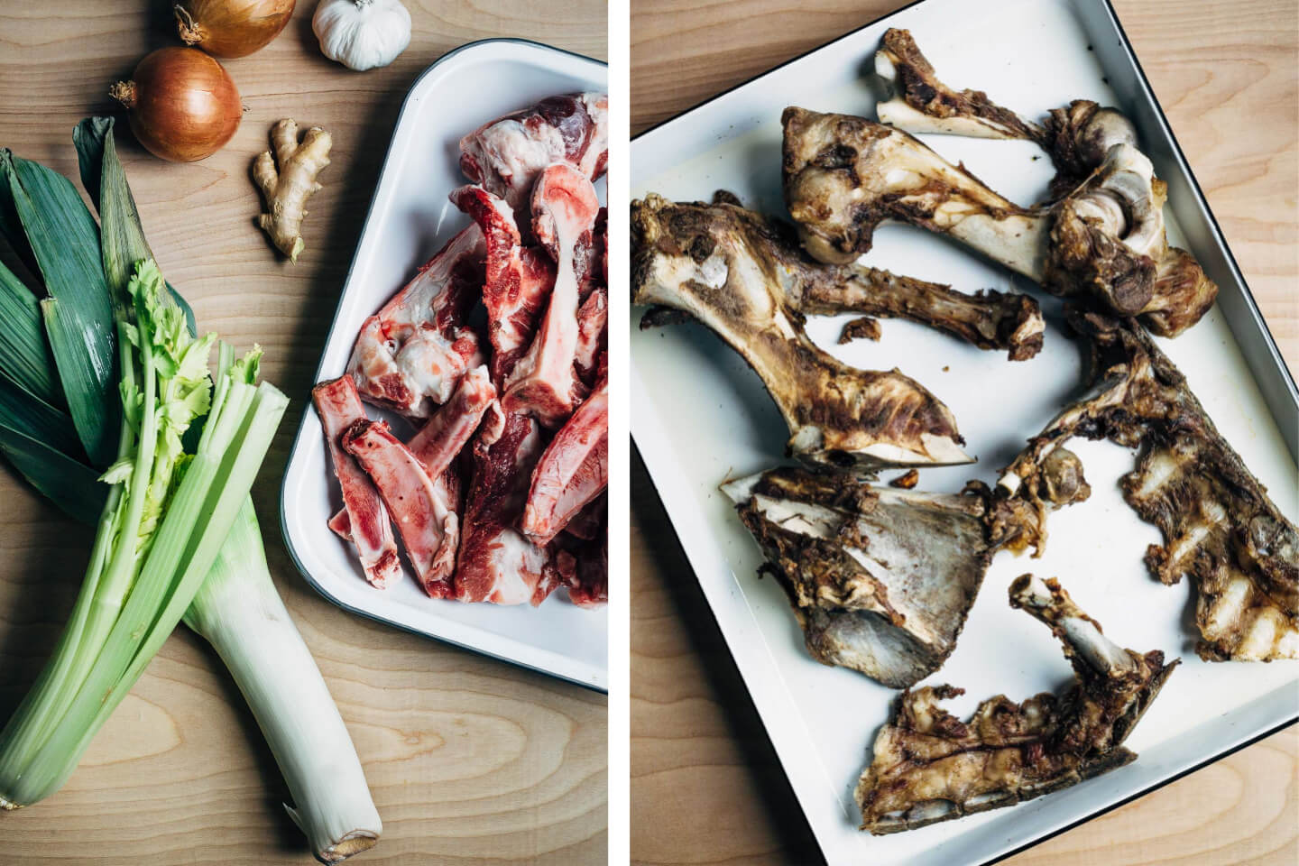 Pork bones and aromatics for pork bone broth.