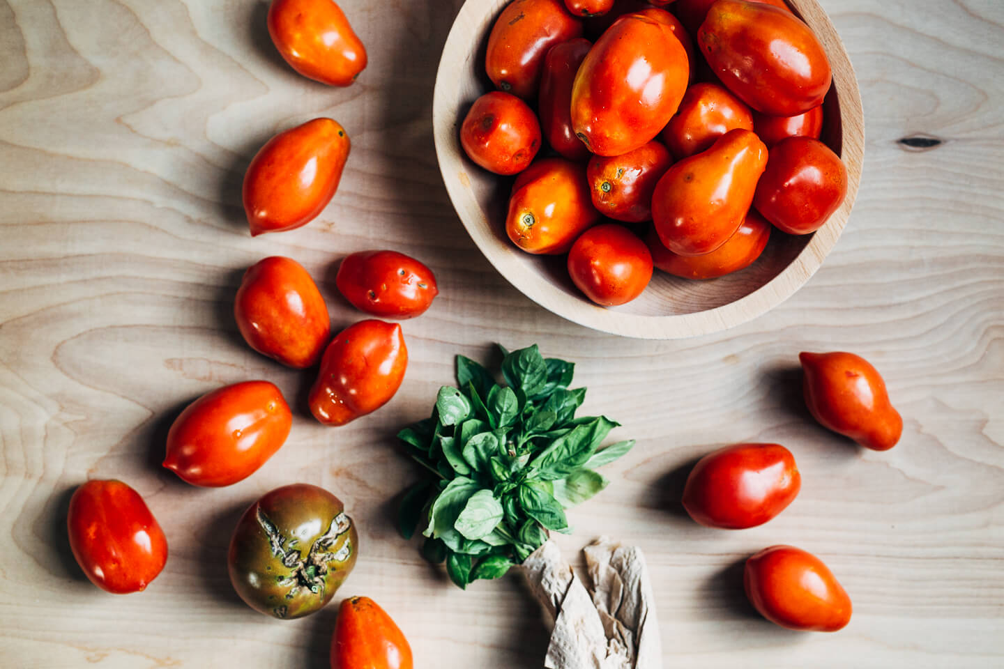 Roma tomatoes and fresh basil from the garden.