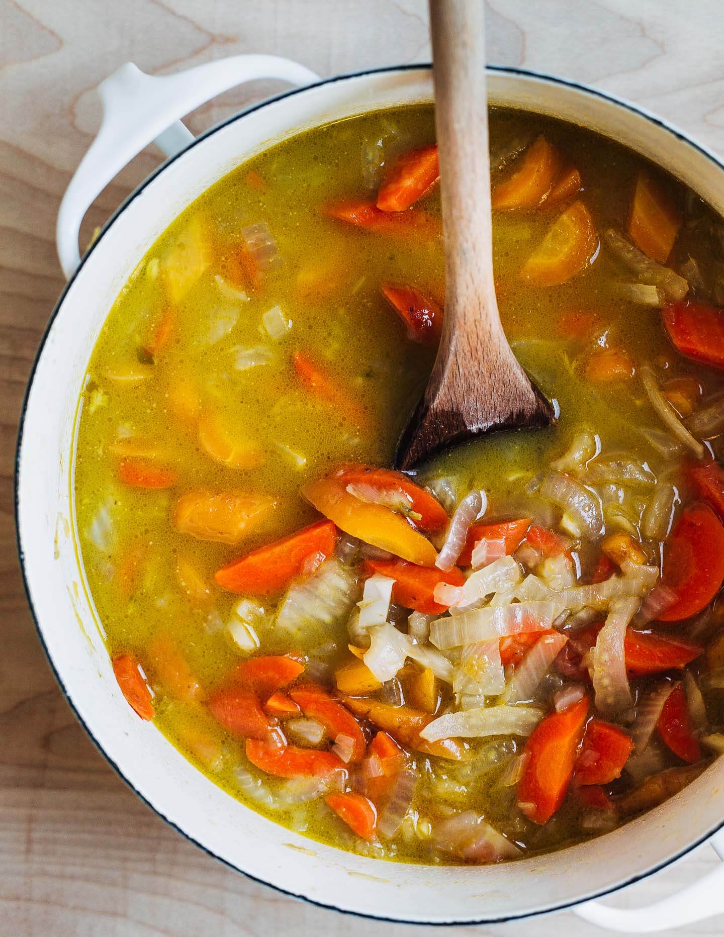 Carrot and fennel soup, before blending