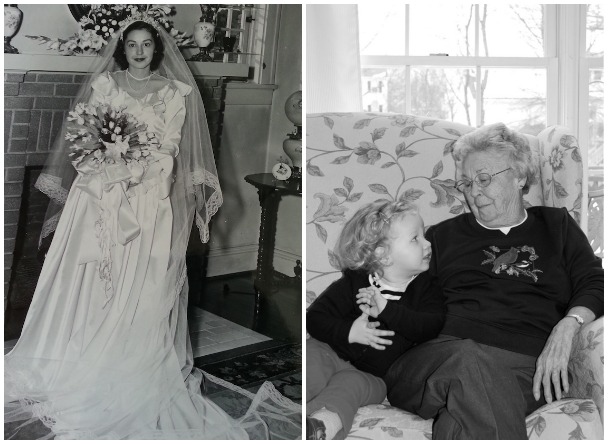 A picture of a young bride in front of a fireplace; an elderly lady and a toddler sitting on a floral couch. 