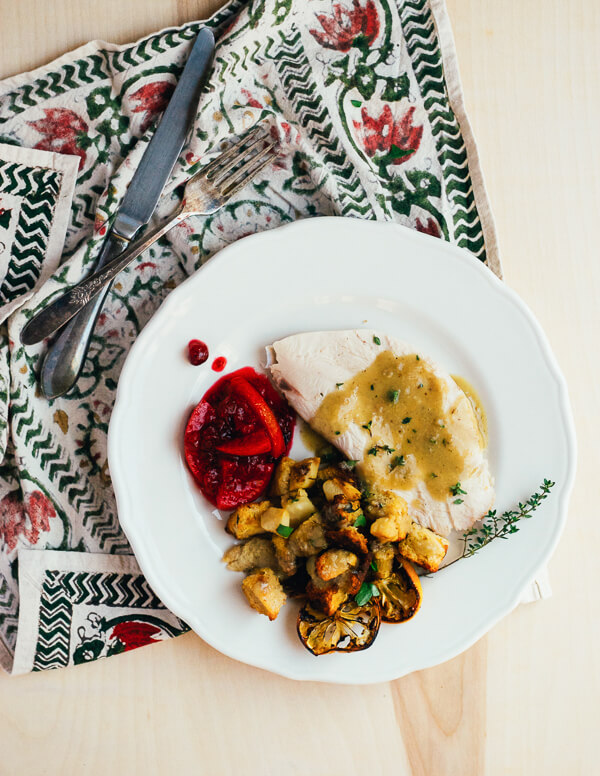 A plate loaded with Thanksgiving recipes. 