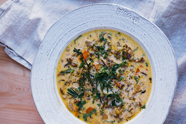 A bowl of soup on a table