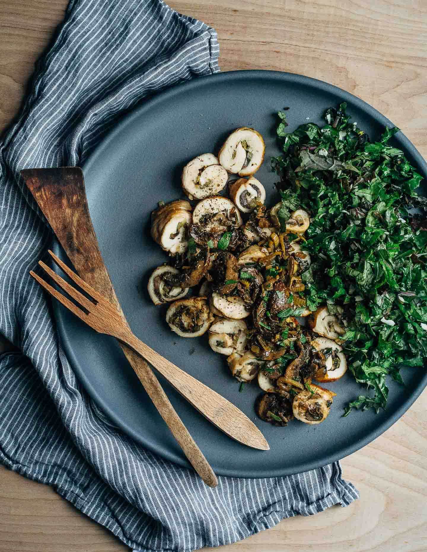 A recipe for richly flavored fennel and mushroom chicken roulade topped with a simple white wine pan sauce.