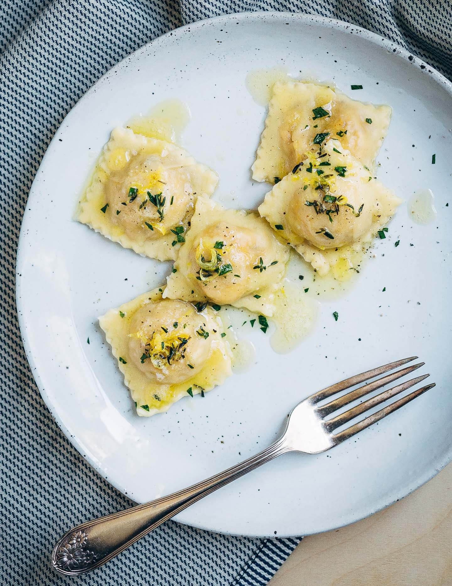A fall-perfect recipe for roasted kabocha squash ravioli with Parmesan and thyme.
