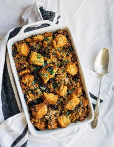 A casserole filled with stuffing