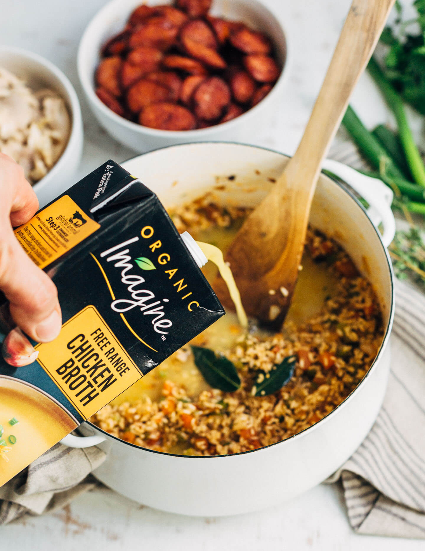 A spin on classic chicken and rice, this flavorful chicken bog is made with roasted dark meat chicken, smoked sausage, and rich chicken broth tossed with Carolina Gold rice and tender vegetables.
