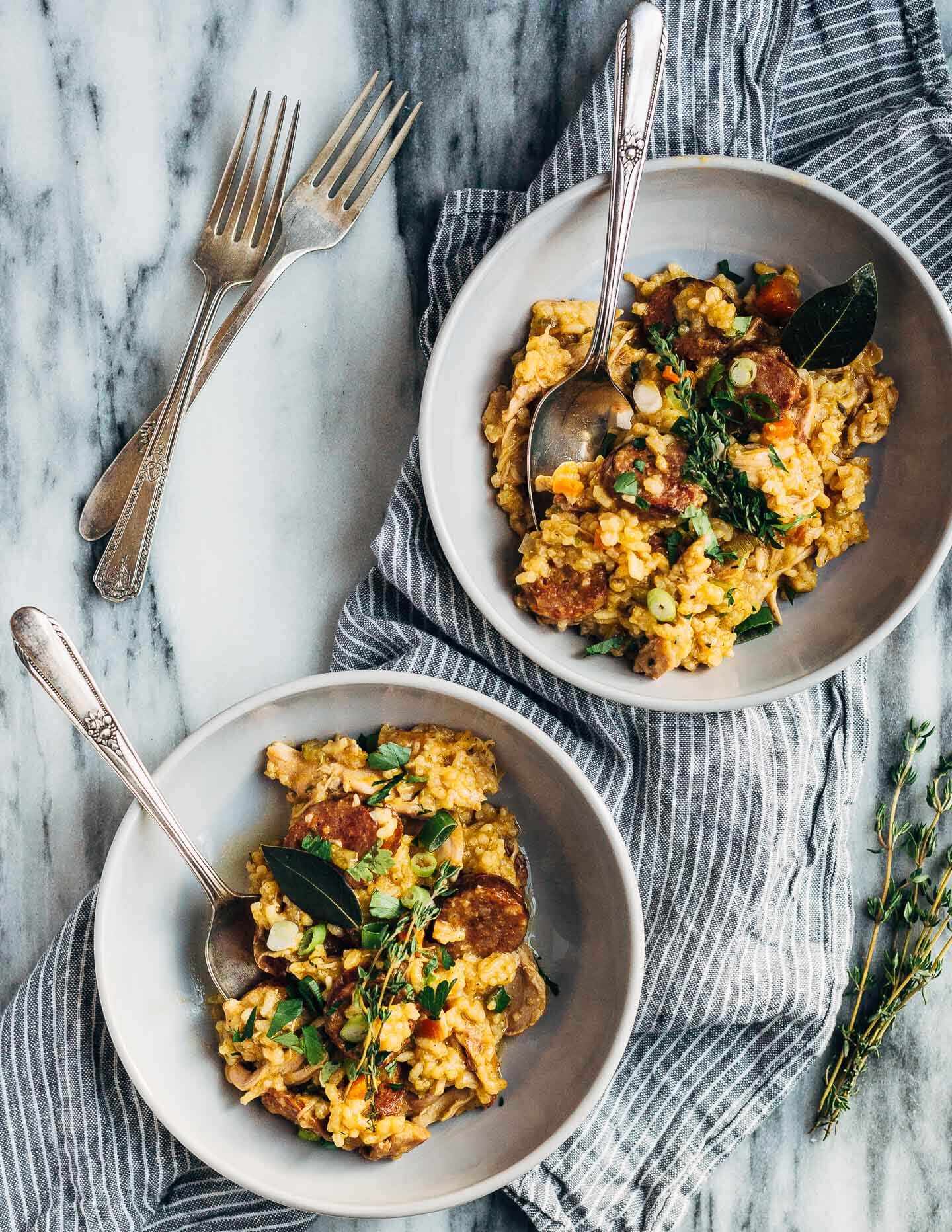 A spin on classic chicken and rice, this flavorful chicken bog is made with roasted dark meat chicken, smoked sausage, and rich chicken broth tossed with Carolina Gold rice and tender vegetables.