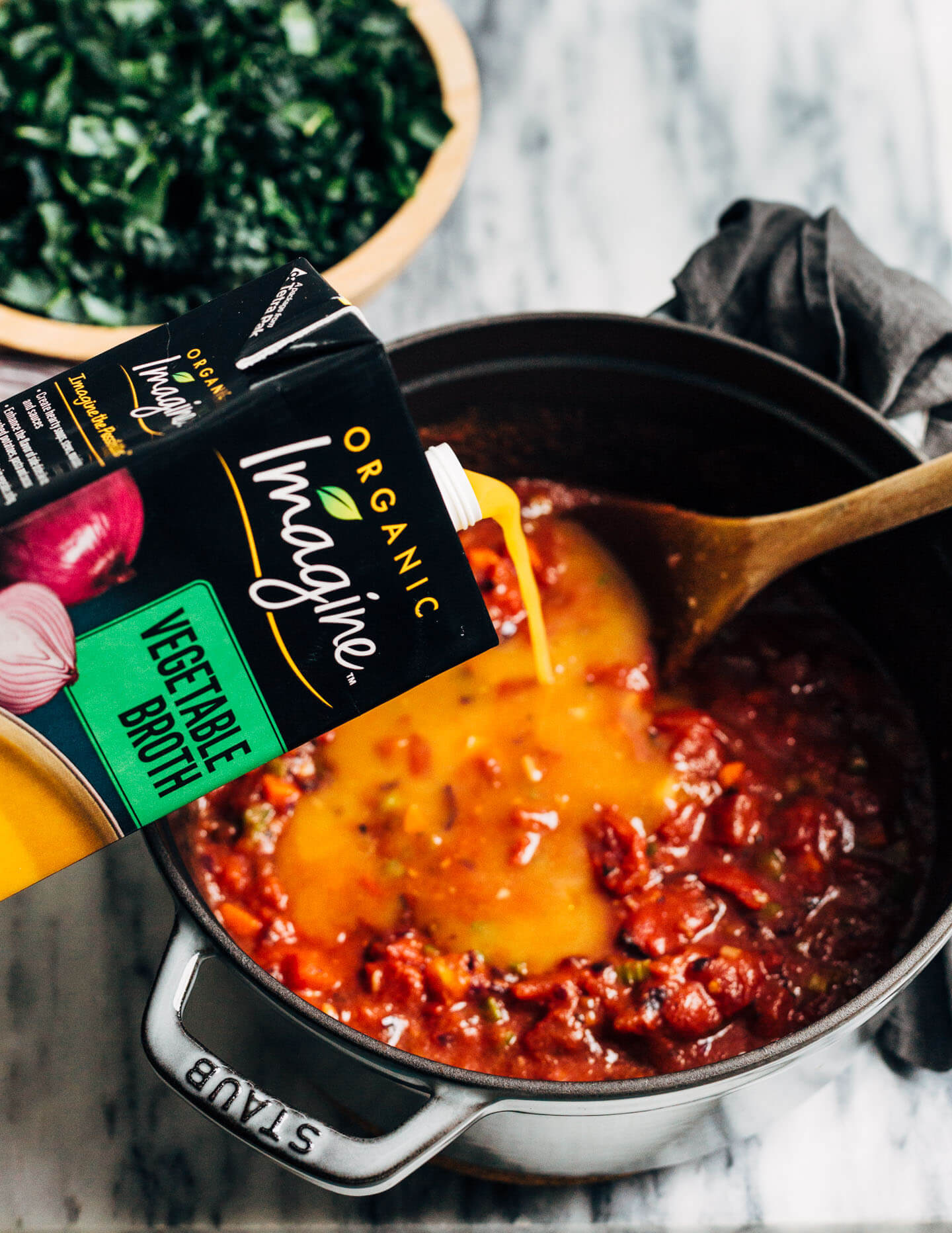 A meal-worthy vegan vegetable pasta soup with a little bit of everything: delicious vegetable broth, fire-roasted tomatoes, kale, carrots, thyme, and toothsome pasta.