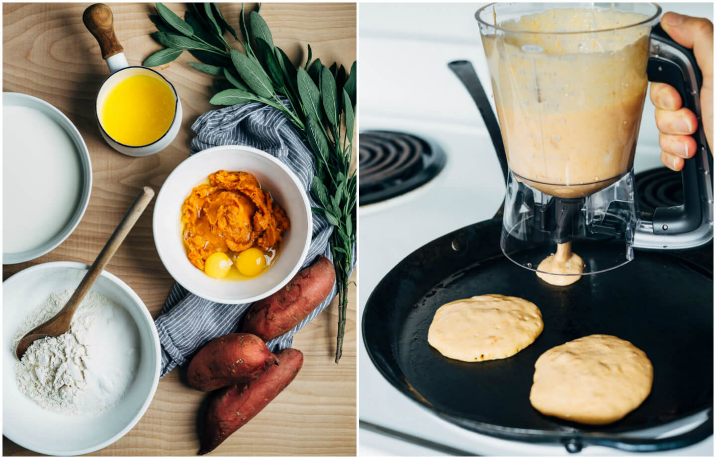 An autumnal sweet potato pancake recipe topped with fried sage leaves and crumbled goat cheese.
