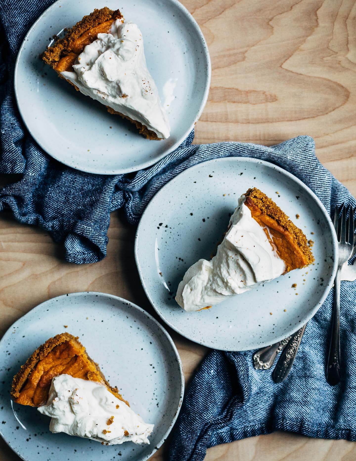 End your Thanksgiving feast with this light and silky bourbon-spiked sweet potato pie baked in a classic graham cracker crust and topped with a big dollop of brown sugar whipped cream. 