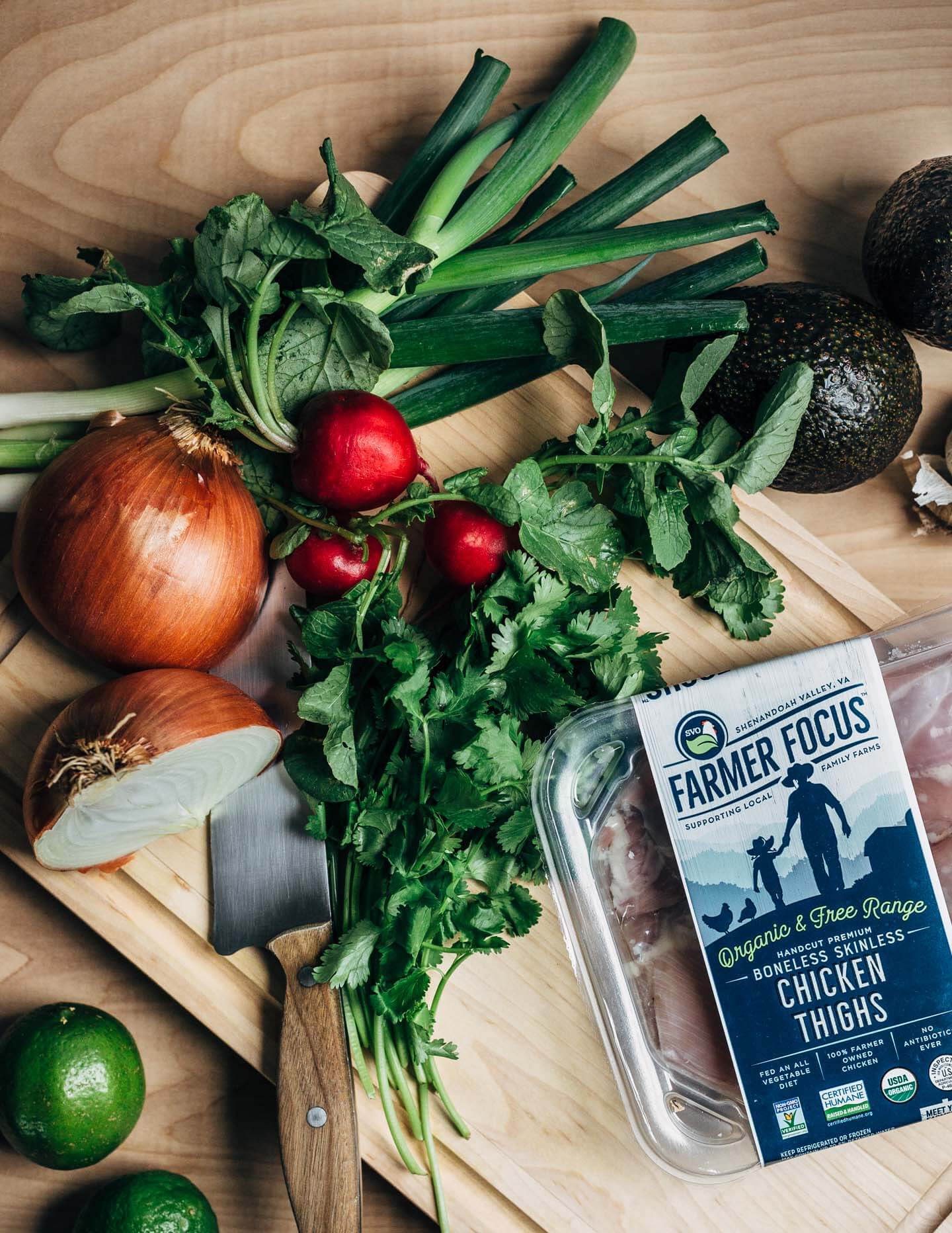 Chipotle chilies in adobo sauce lend smoky heat to these classic chicken tacos topped with avocado, radish, cilantro, and crumbled cotija. This post was created in partnership with SVO Farmer Focus Chicken. 