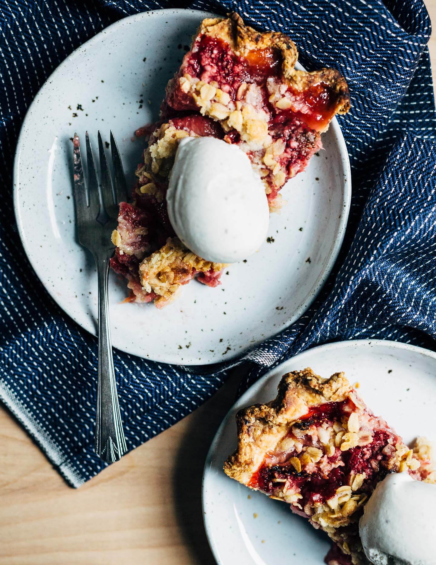 A supremely delicious strawberry crumble pie with all the jammy sweetness of in-season strawberries and a toothsome buttery oat crumble topping. 