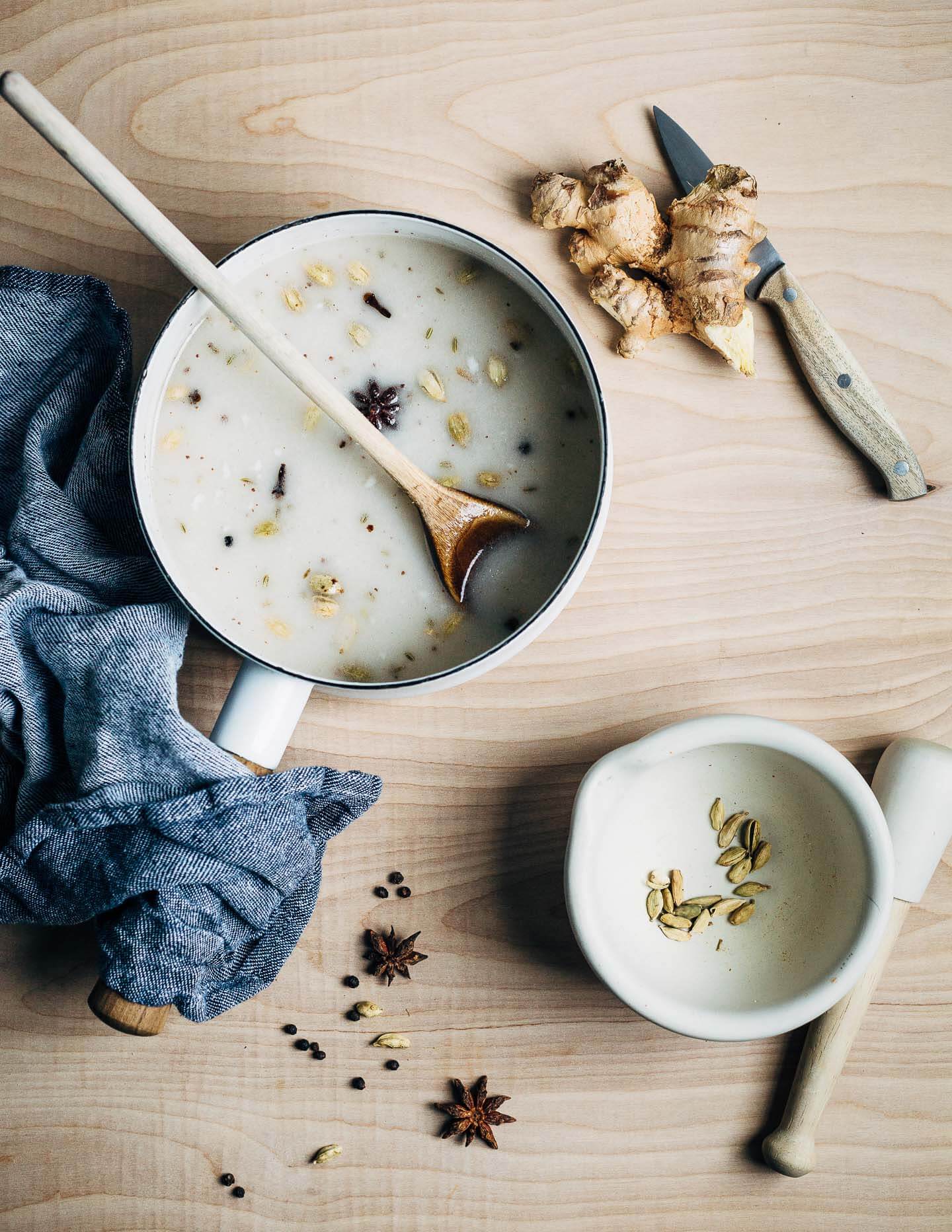 Steeping coconut milk with traditional Masala chai spices. 