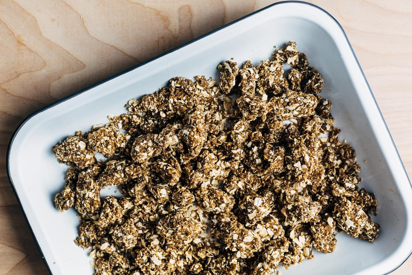 Chilled molasses seed and oat crumble topping. 