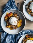 This intensely flavorful gluten-free, vegan peach crumble with masala chai-spiced coconut sorbet is the perfect summer baking project. Big flavors like cardamom, ginger, and cinnamon lend zip to creamy homemade coconut sorbet – an ideal counterpoint to chewy, molasses-infused seed and oat crumbles and bright peaches baked with a host of fragrant spices.