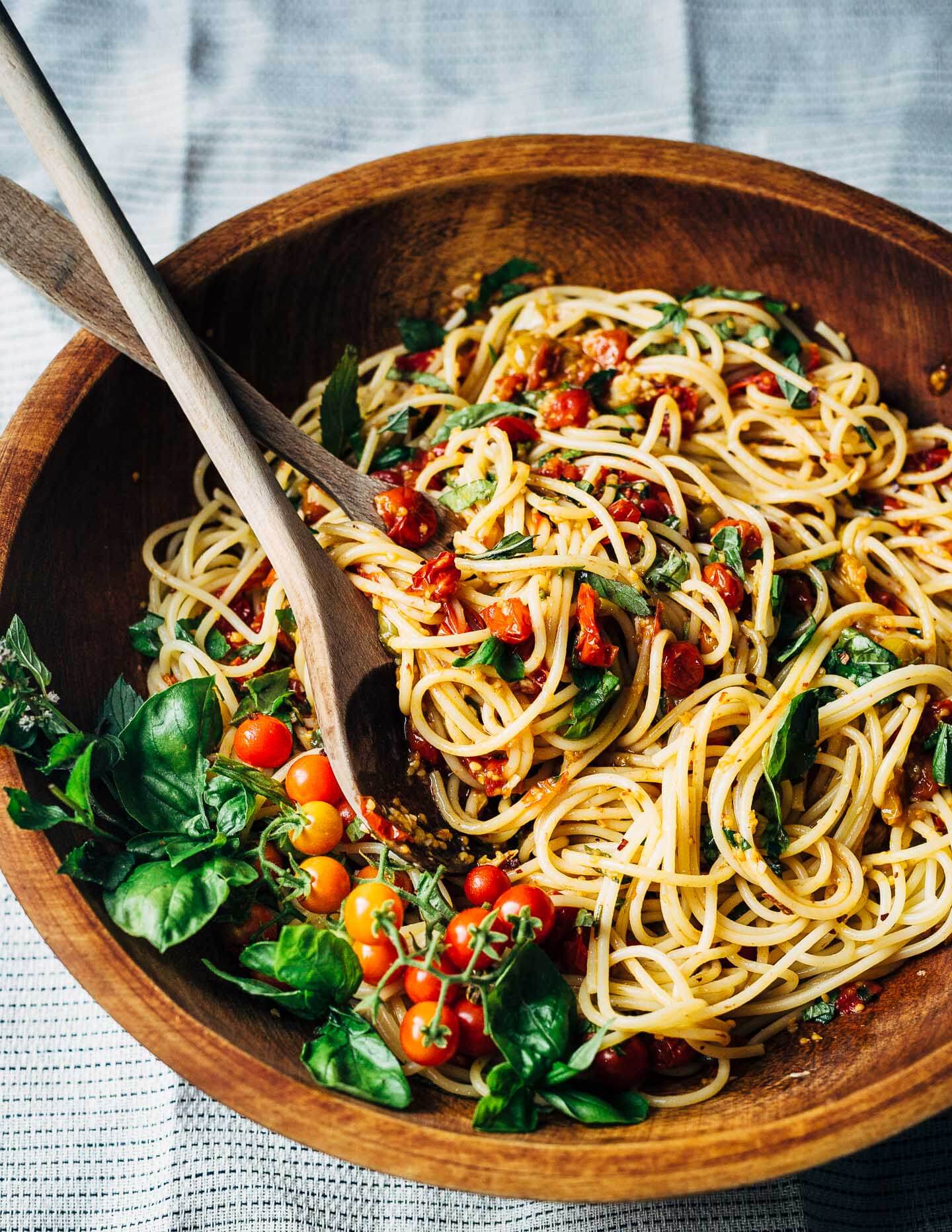 Roasted cherry tomato marinara served over al dente spaghetti.
