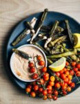 Roasted okra dipped in (cheater) pimentón aioli.