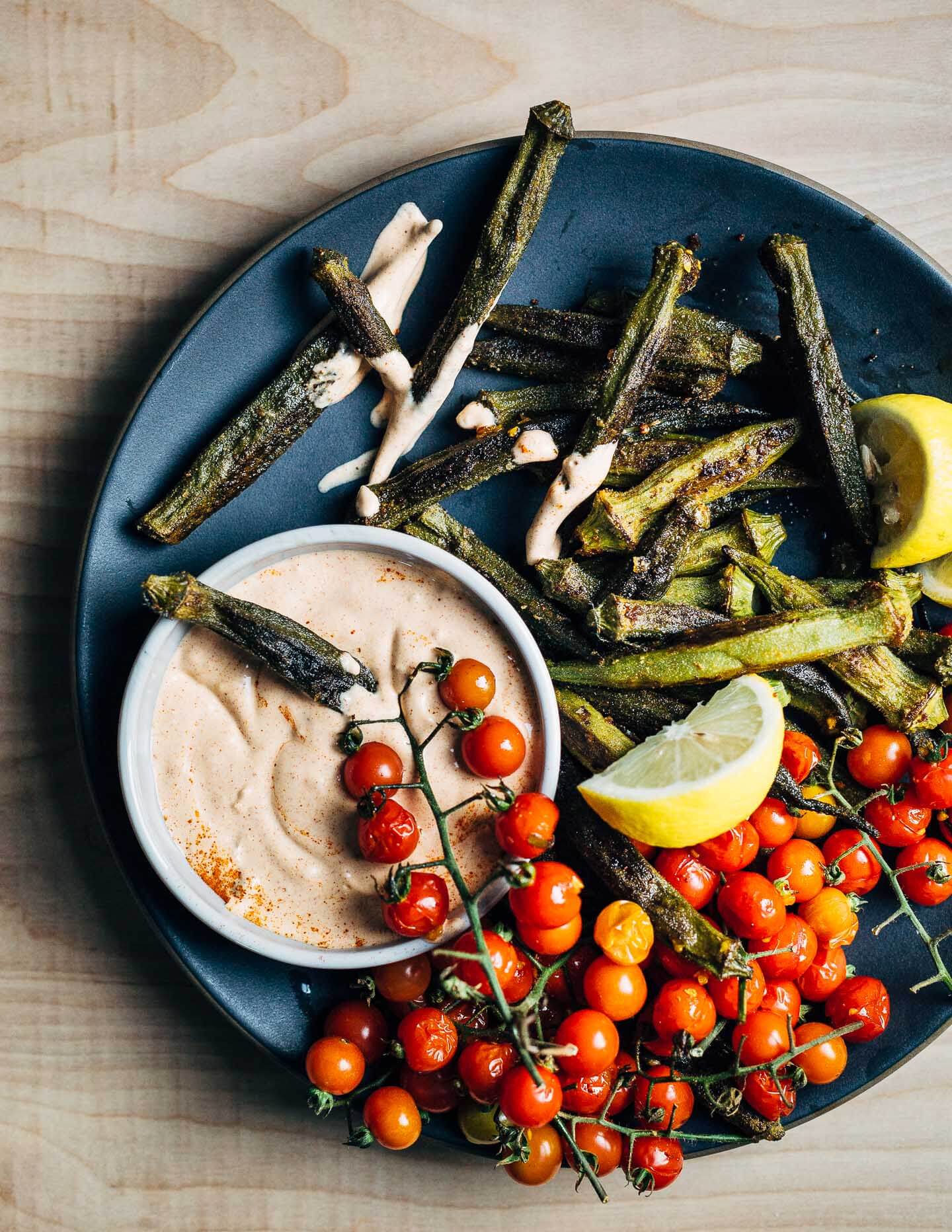 Roasted okra dipped in (cheater) pimentón aioli.