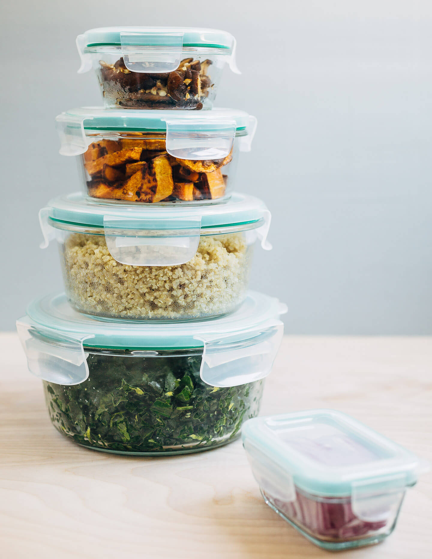 Meal prep elements, sealed and ready to be refrigerated. 