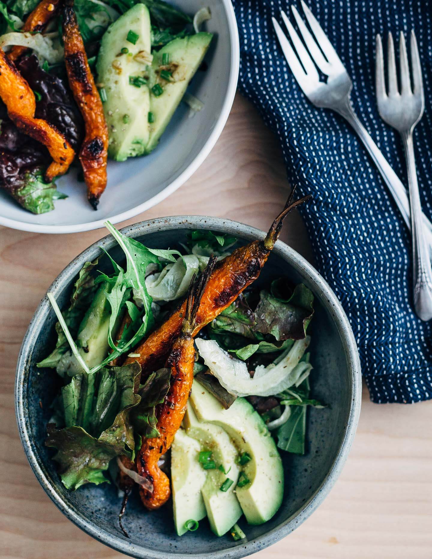Shaved fennel and roasted carrot salad, ready to eat.