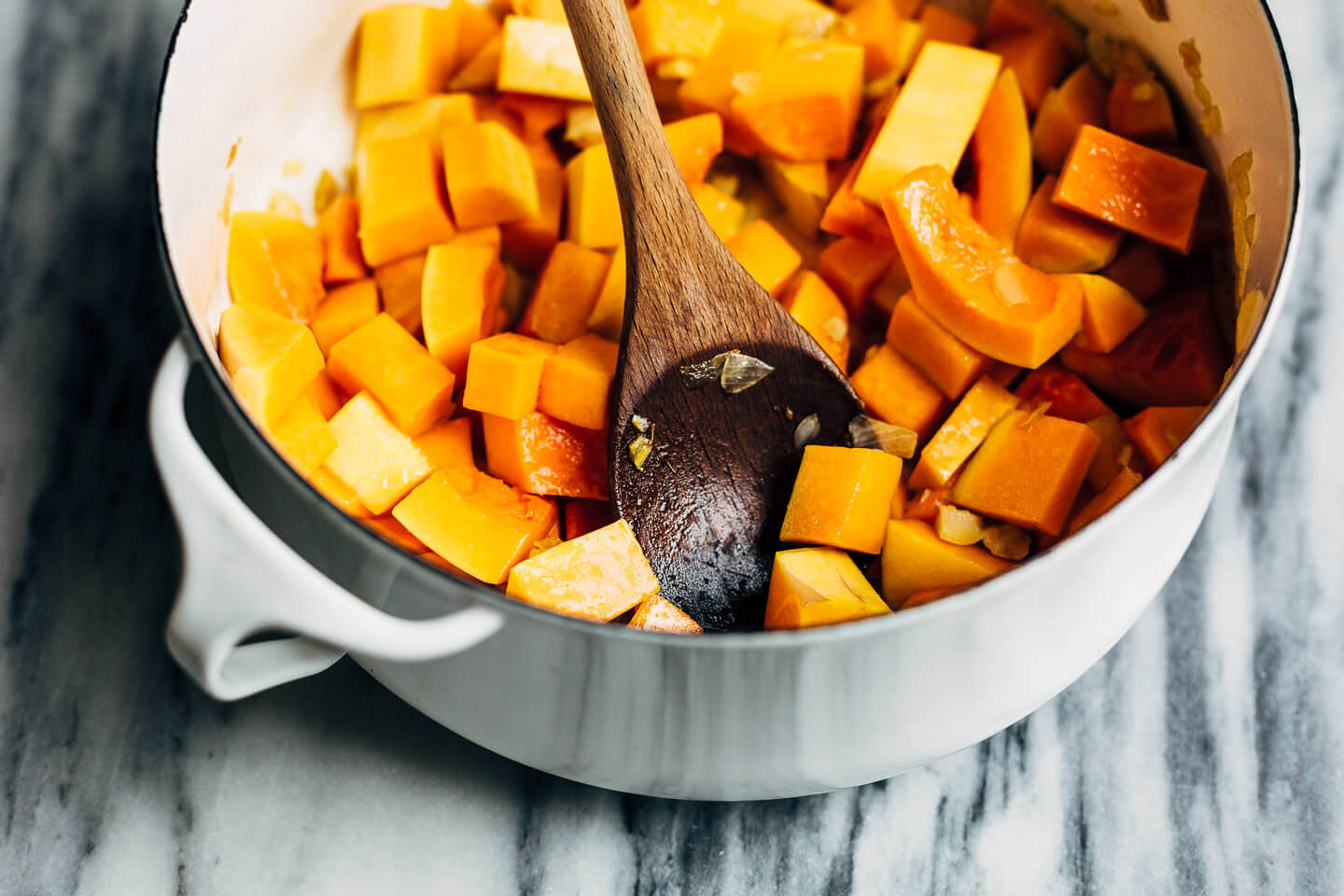 Making vegan coconut curry winter squash soup.