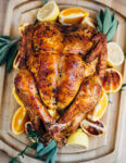 Citrus and herb roasted turkey, ready to be carved for Thanksgiving.