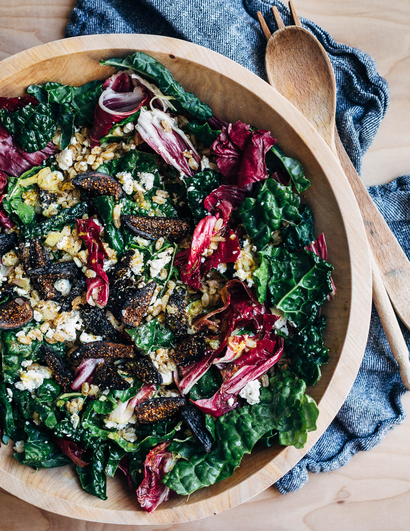 Dried fig and farro salad, ready to serve. 