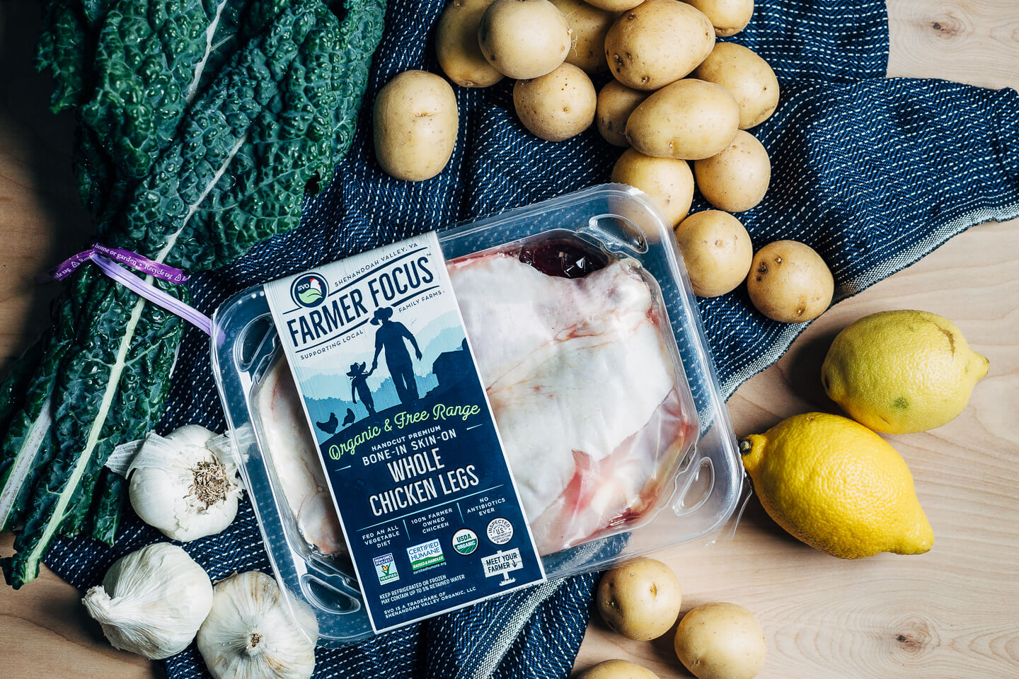 Farmer Focus brand whole chicken legs and other ingredients.