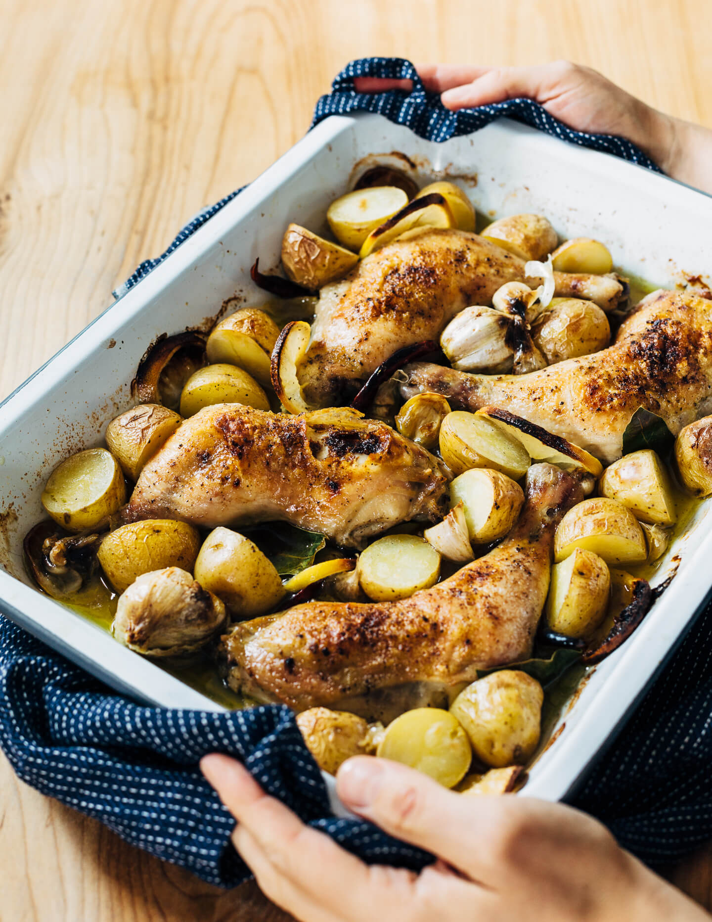 Slow-roasted whole chicken legs just out of the oven.