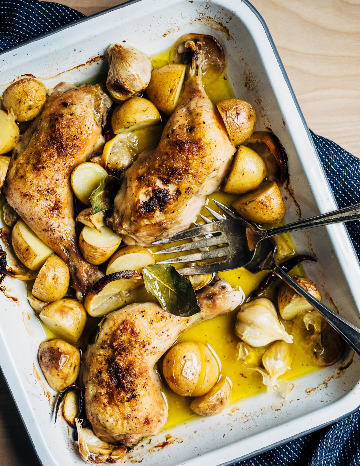 Sprinkled with sea salt and bathed in olive oil, these slow-roasted whole chicken legs cook up beautifully. After 90 minutes in the oven, the skin is golden and crisp, while the chicken is tender enough to fall off the bone.