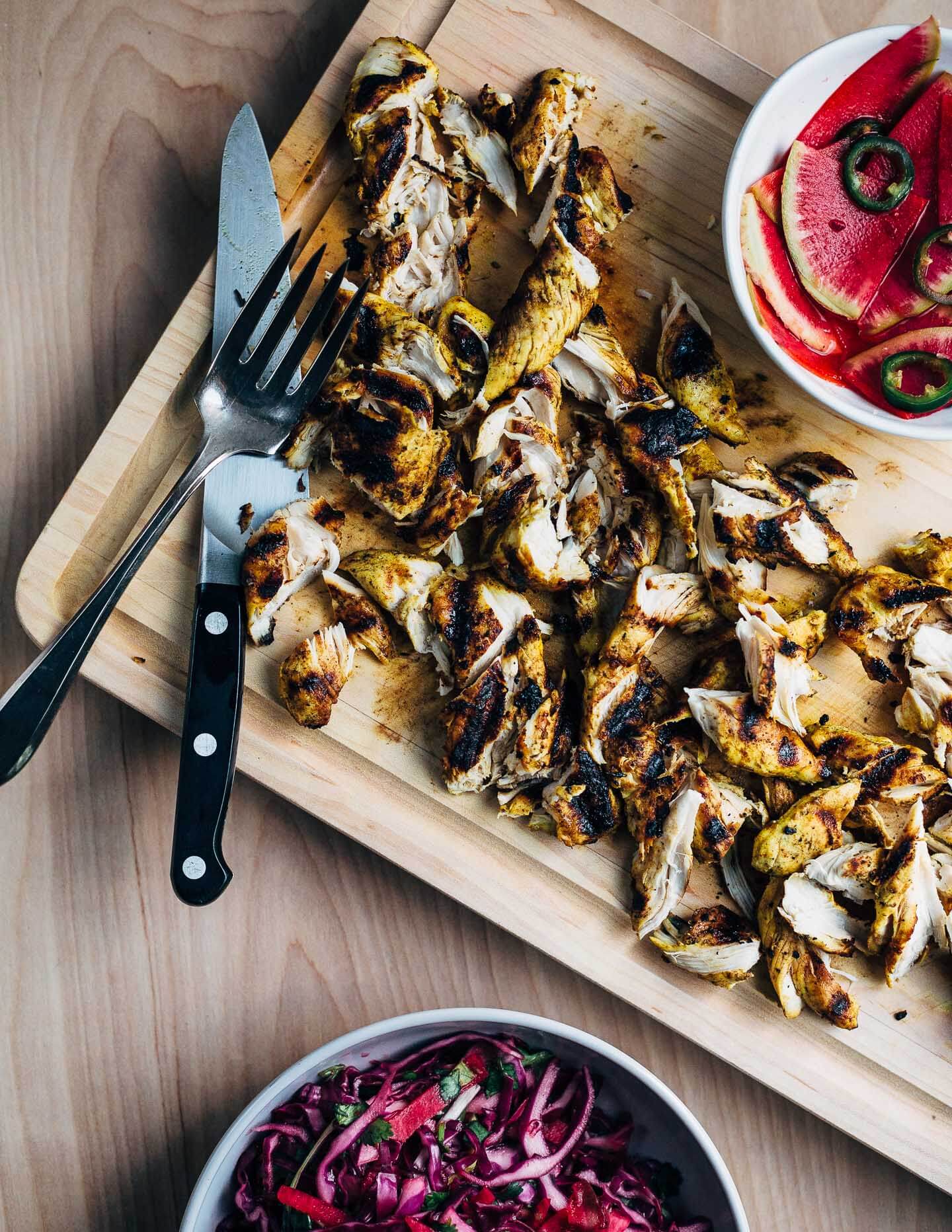 Grilled chicken tenders, torn into pieces for chicken tacos.