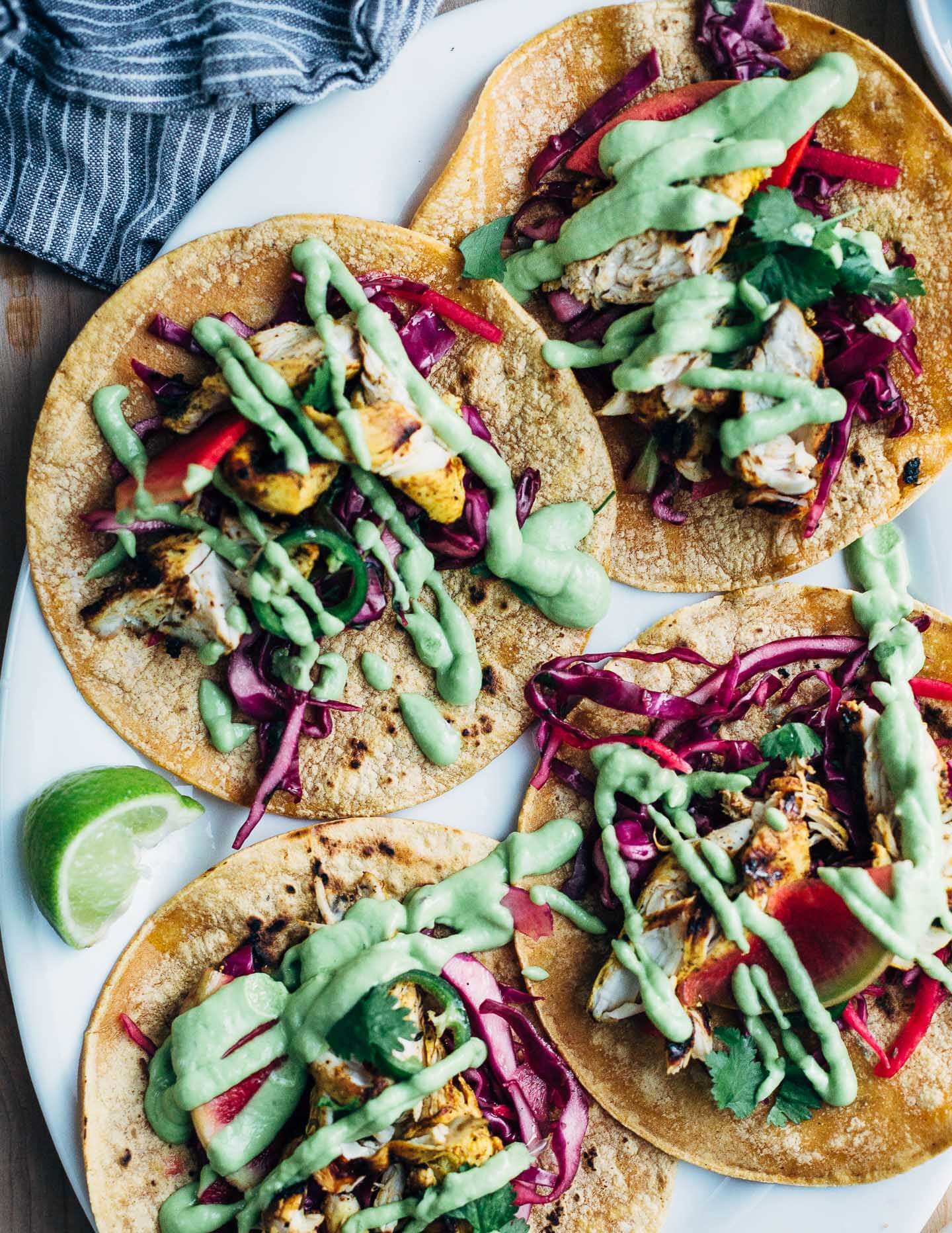 Grilled chicken tacos made with marinated chicken tenders.