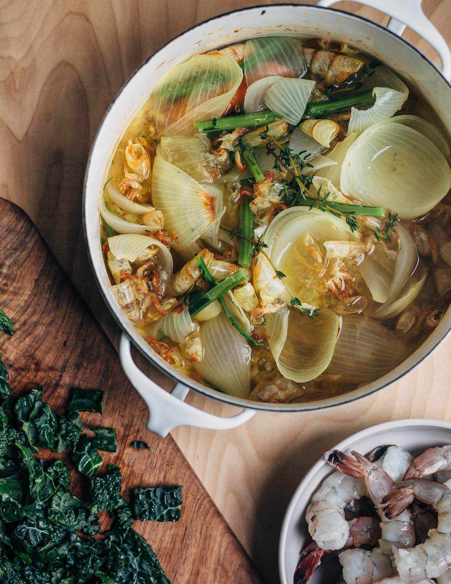 Quick shrimp broth made with shrimp shells and kale stems. 