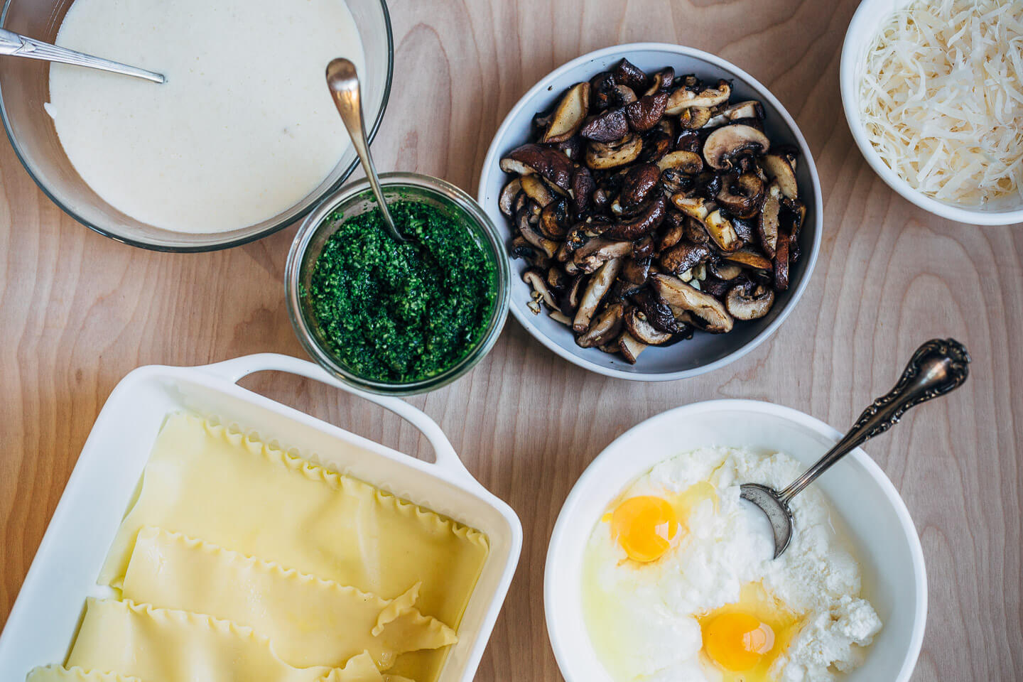 Mushroom and kale pesto lasagna prep.