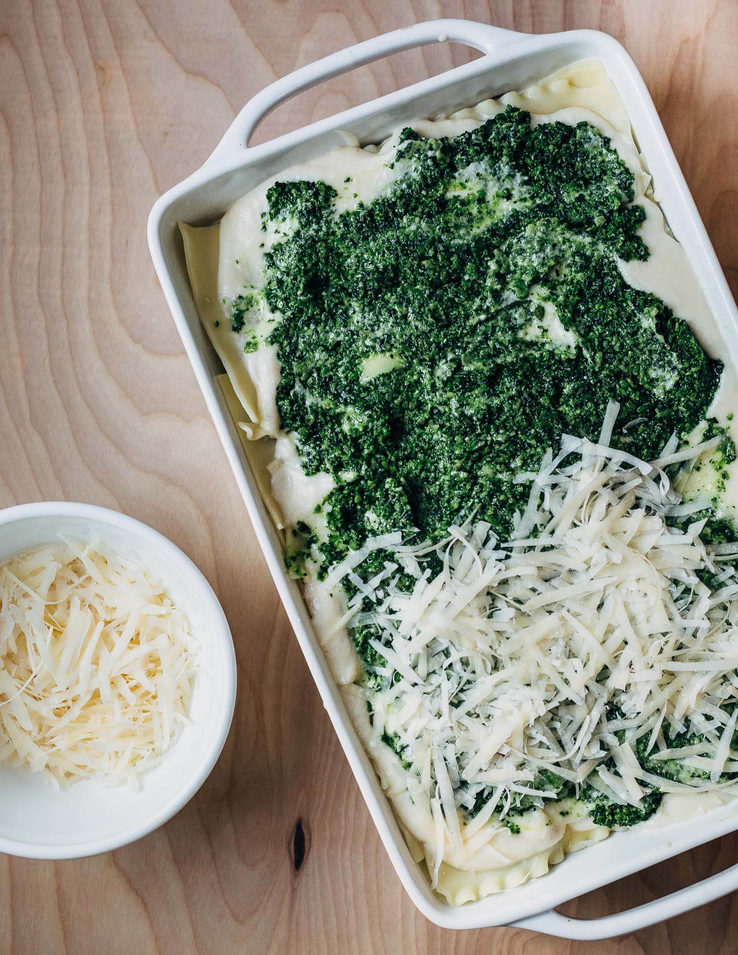 Kale pesto lasagna, ready to bake.