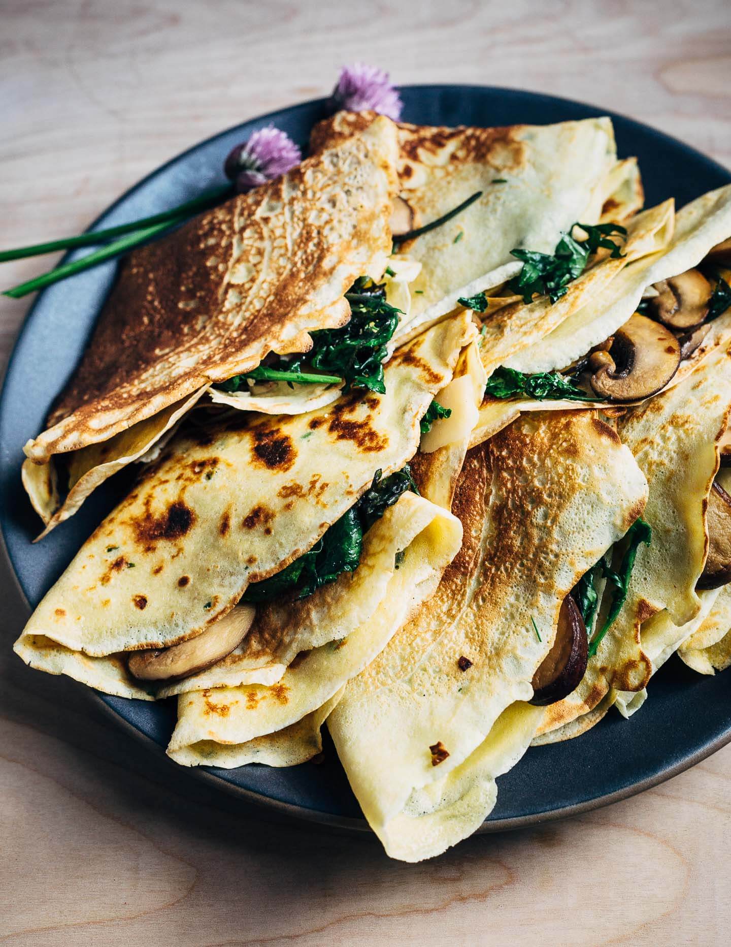 Savory crepes with mushrooms and greens.