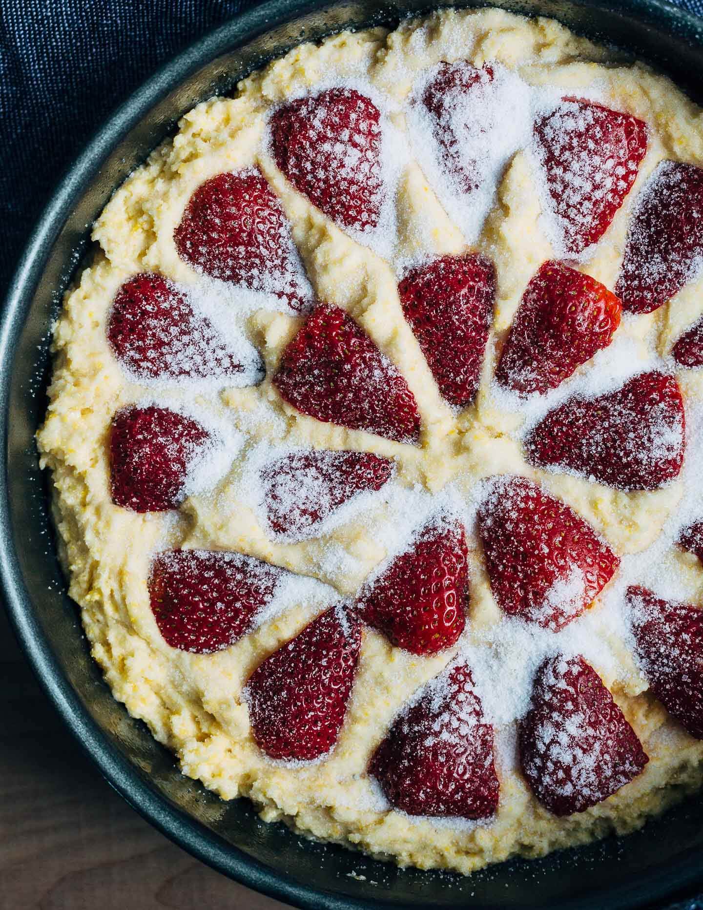 Strawberry cornmeal cake, ready for the oven. 