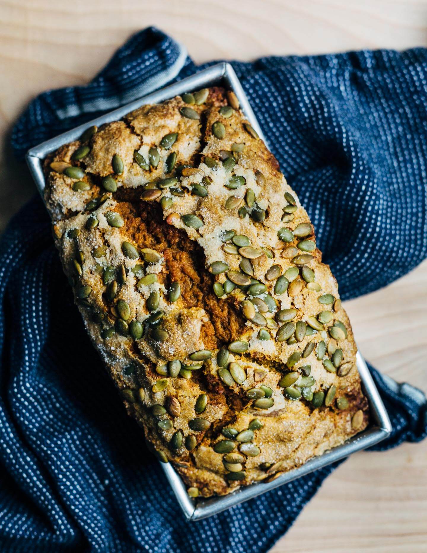 Classic pumpkin bread made with fresh kabocha squash puree and a hint of olive oil. 