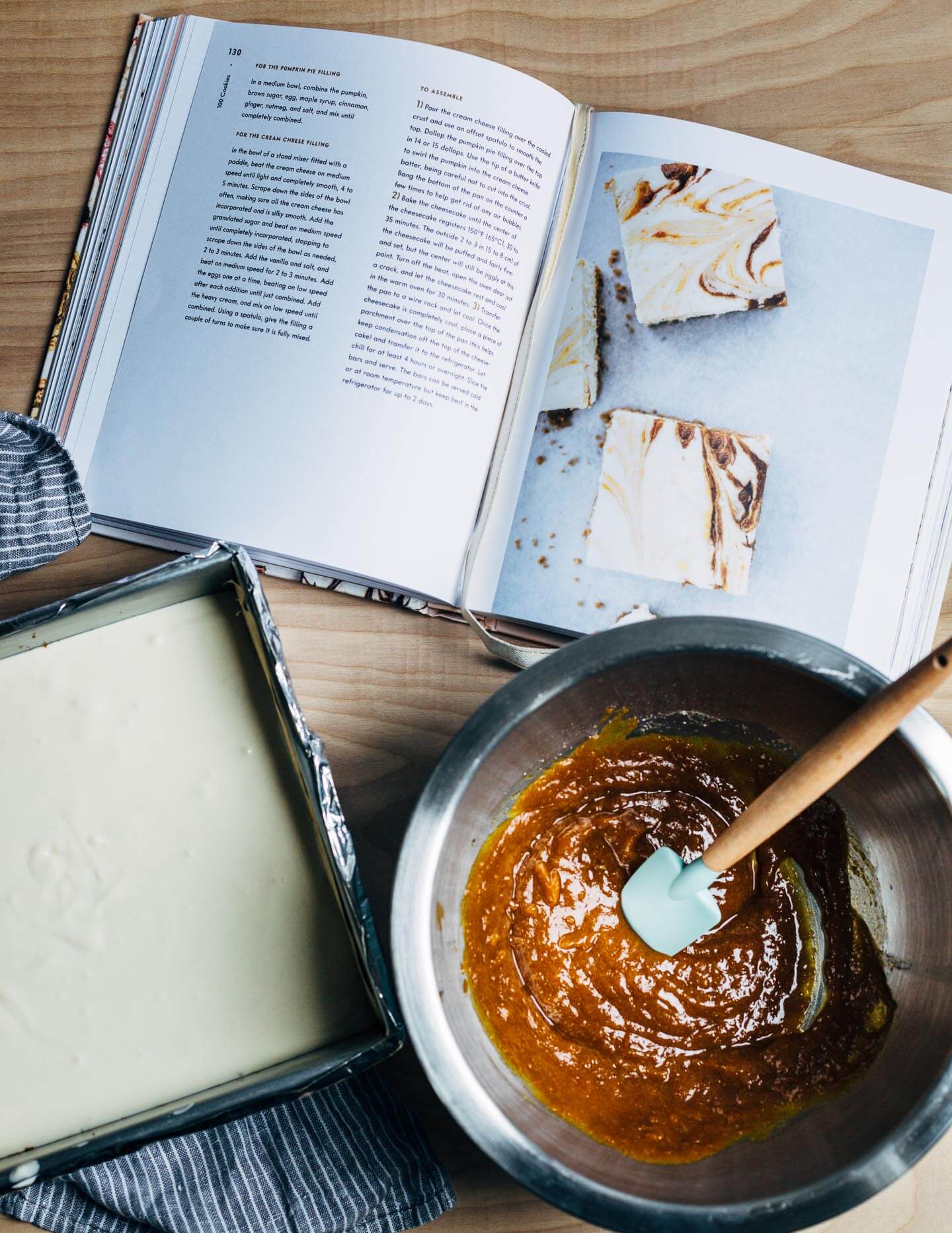 Making Sarah Kieffer’s Pumpkin Pie Cream Cheese bars from 100 Cookies. 