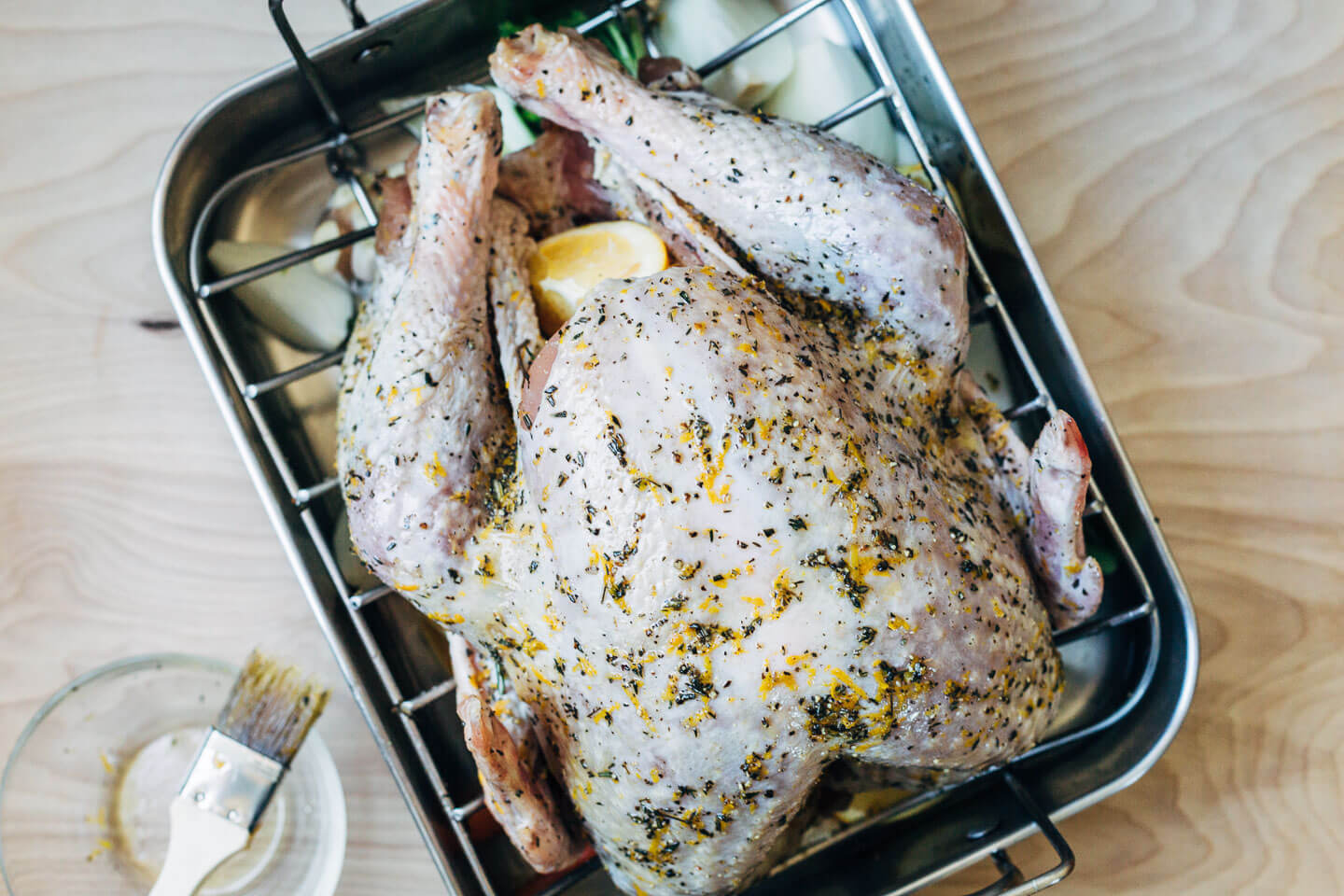 Dry brined turkey with a rosemary-orange dry rub. 