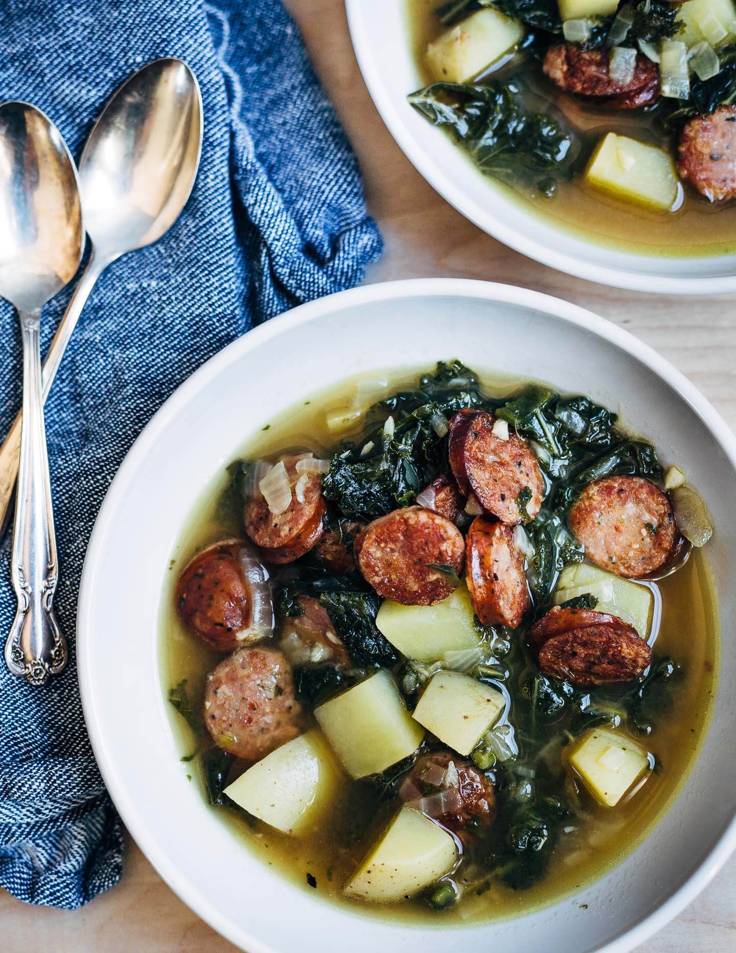 A fortifying sausage and kale soup with big flavor and a bit of heat. This versatile soup is ideal for busy weeknights, or anytime you need a nutrient-dense, one-pot meal.