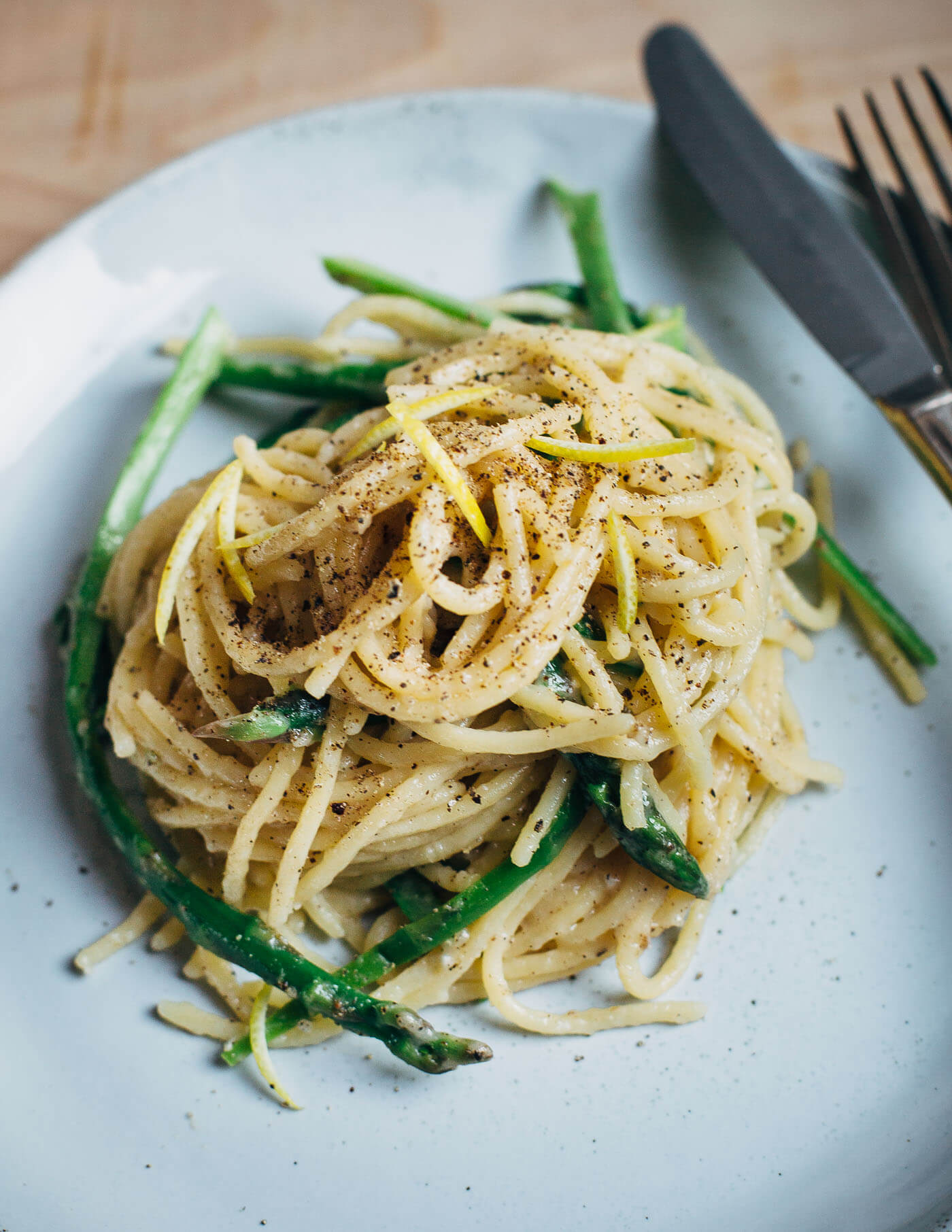 Cacio e pepe with asparagus offers a springtime twist on the classic pasta dish. The dish comes together quickly for weeknight ease and hits all the right notes with peppery, creamy spaghetti and tender spring asparagus.