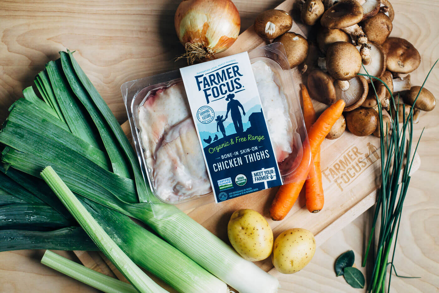 Farmer Focus chicken thighs and other ingredients needed for chicken pot pies. 