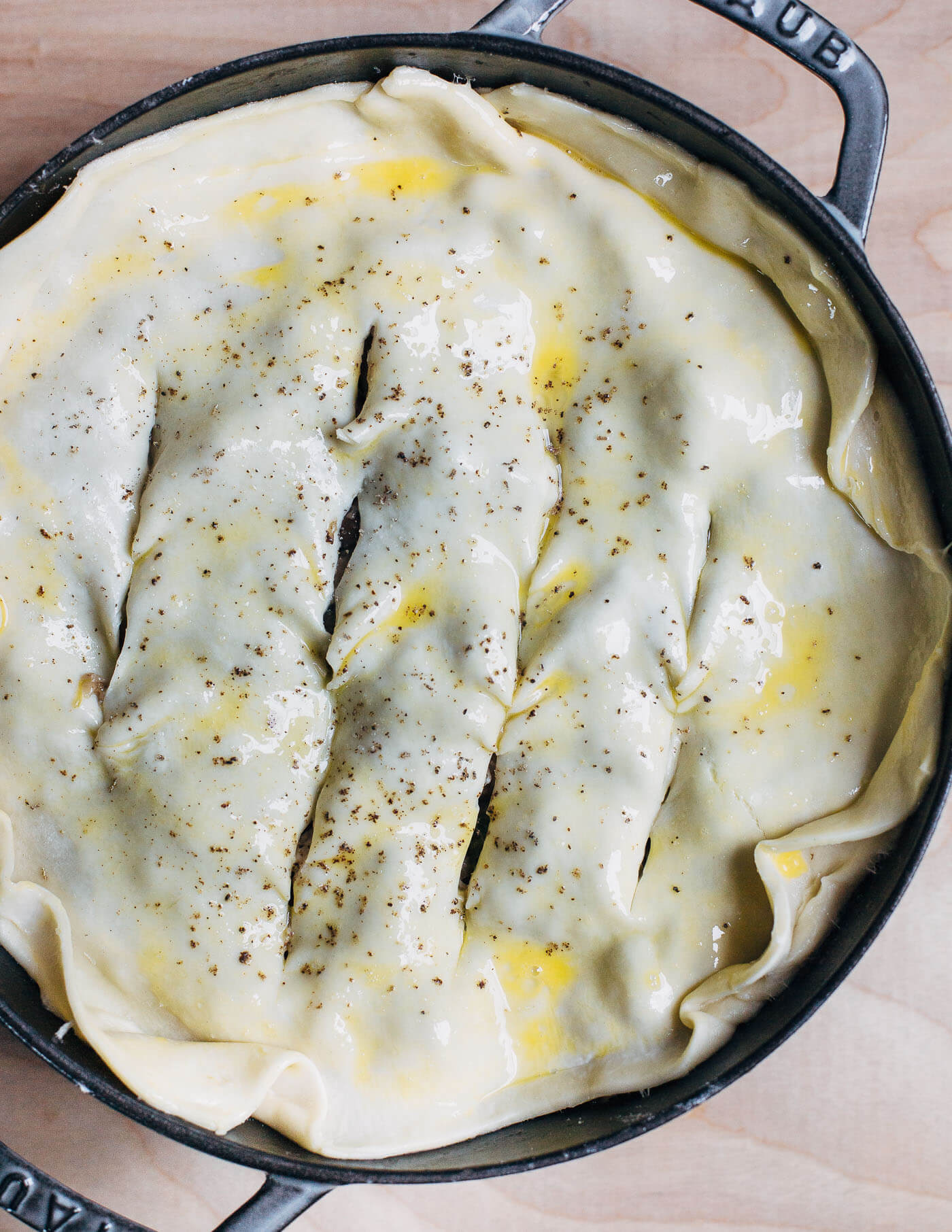 Mushroom and leek chicken pot pie, ready for the oven.
