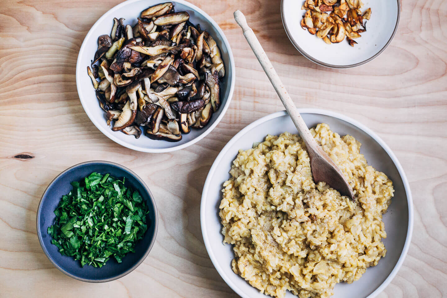 Assembling the vegan risotto.