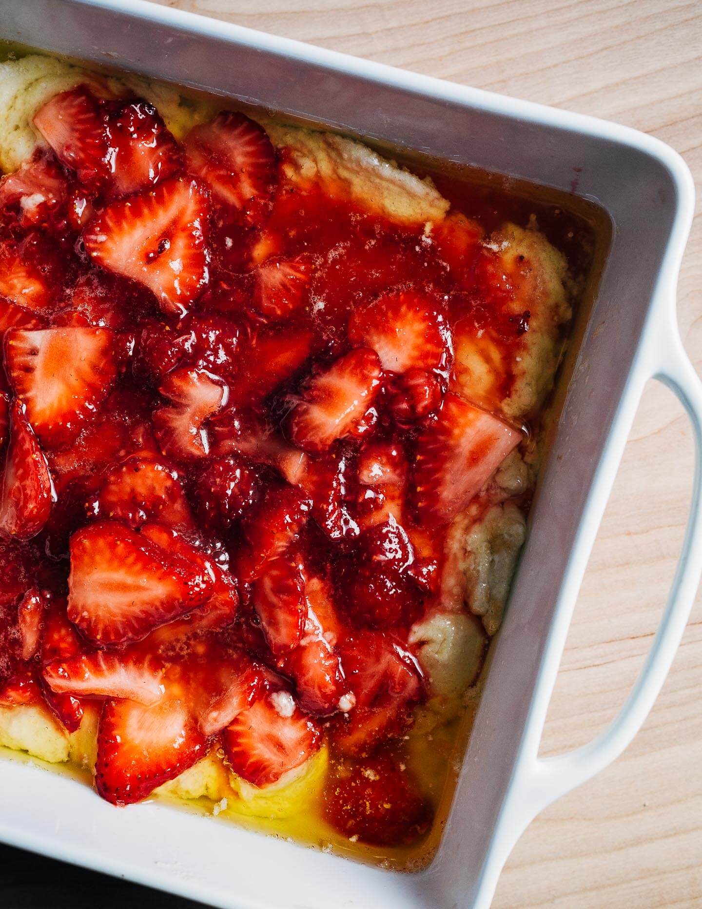 Strawberry spoon cake (aka strawberry cobbler) ready to bake